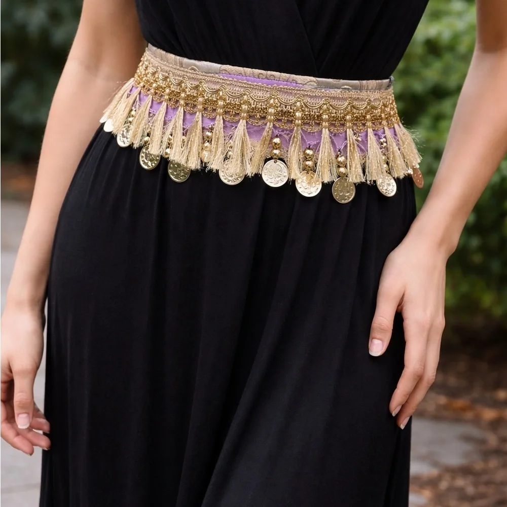 Artisan Denim Belt Tribal goddess belly dancer, shimmy gold coin fringe signed